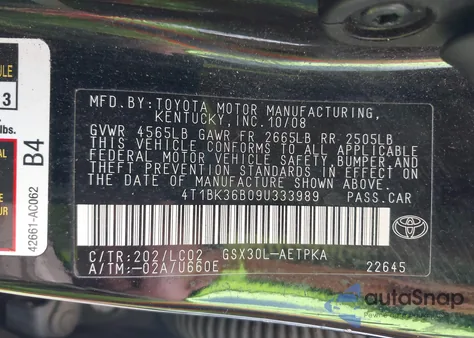 2009 Toyota Avalon Limited z USA, uszkodzony, nr VIN 4T1BK36B09U333989